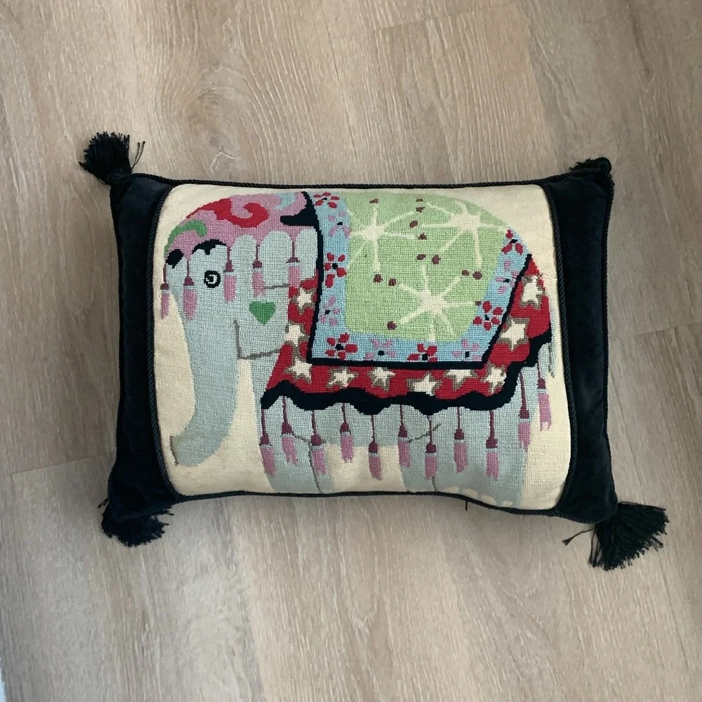 Vintage Mid-Century Modern Needlepoint Pillow elephant design w tassels velvet‎